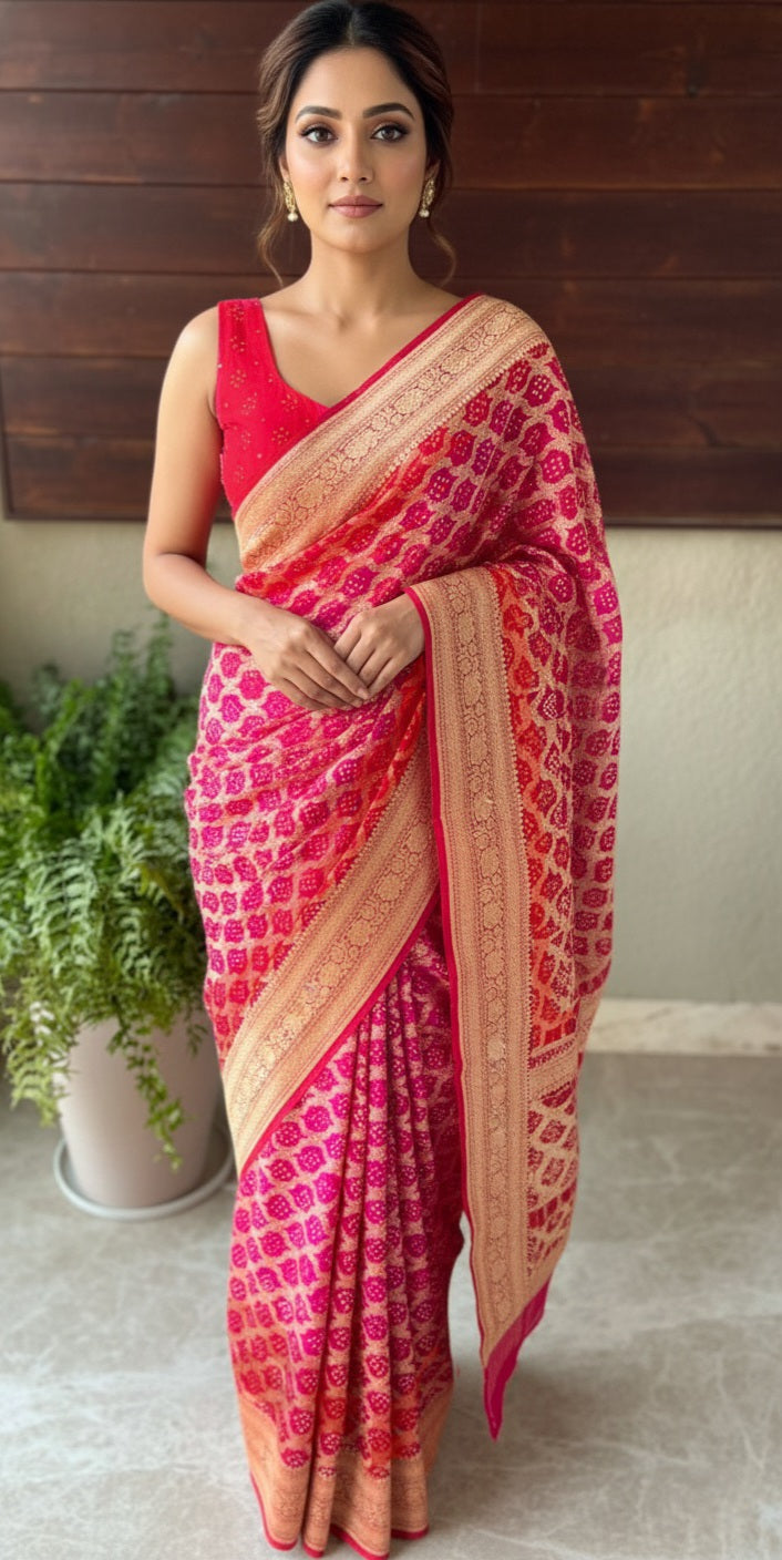 Namita - Red & Pink Bandhani Banarasi Saree