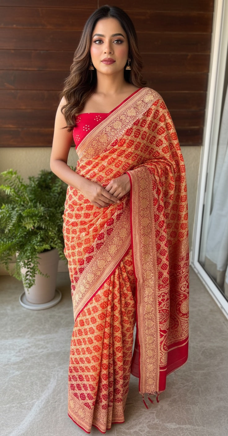 Shrishti - Red & Orange Bandhani Banarasi Saree