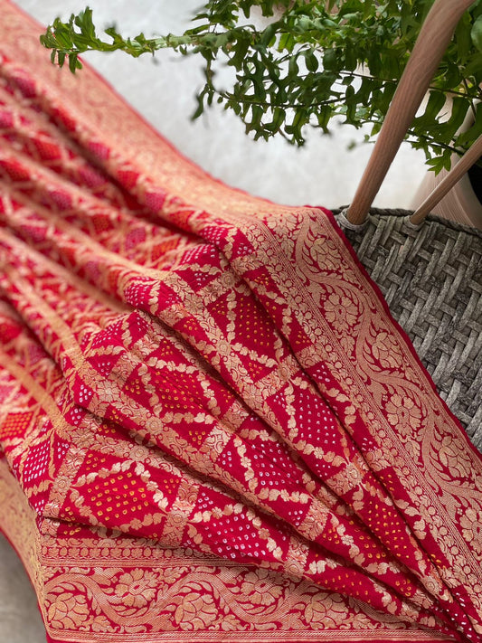 Adah - Red Bandhani Banarasi Saree