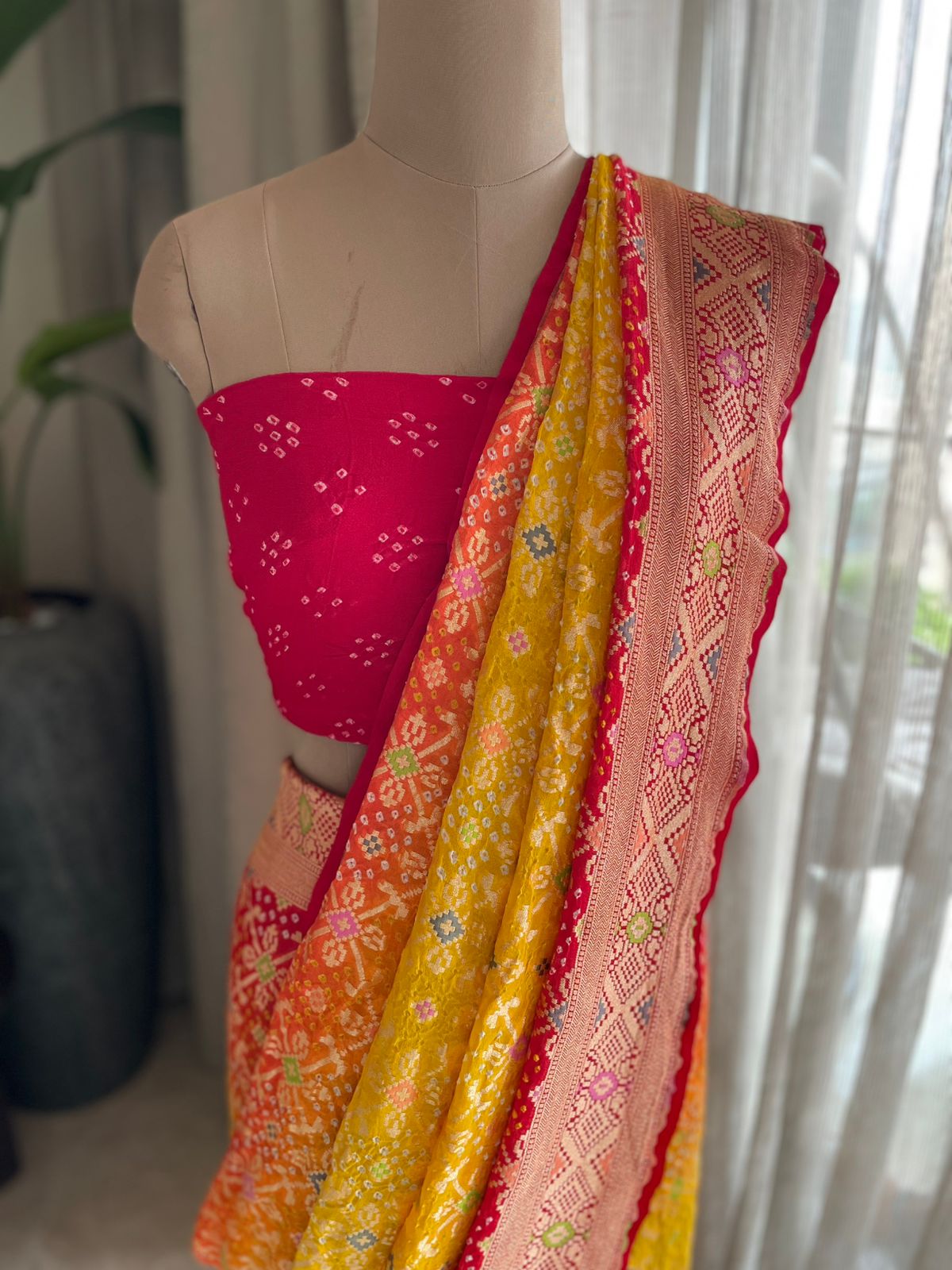 Tanvi - Red & Yellow Meenakari Bandhani Saree