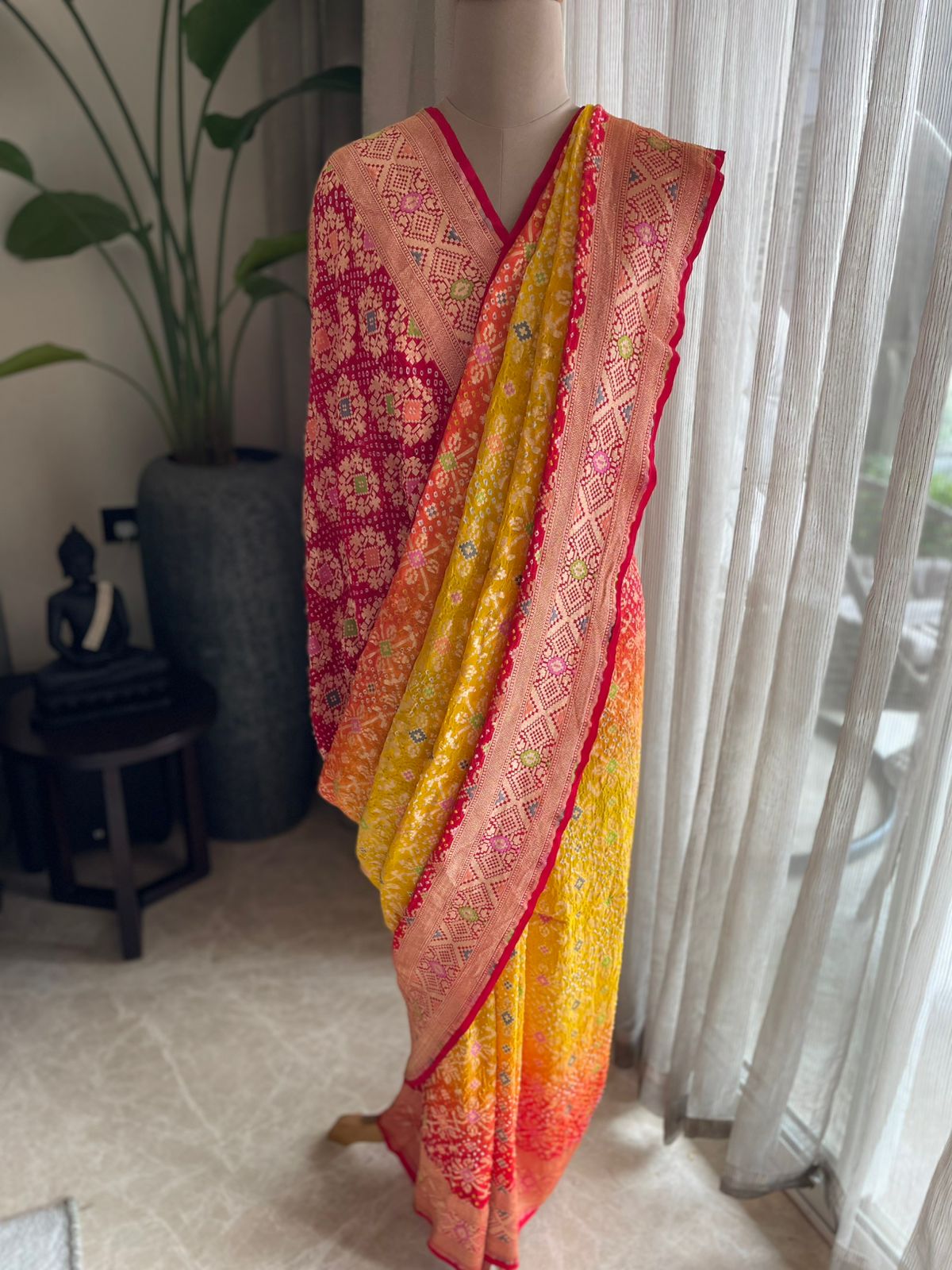 Tanvi - Red & Yellow Meenakari Bandhani Saree
