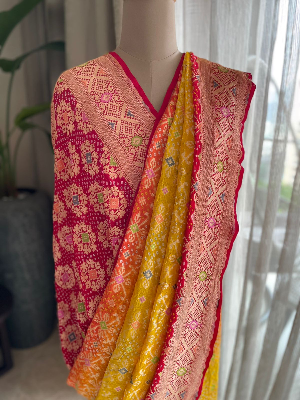 Tanvi - Red & Yellow Meenakari Bandhani Saree