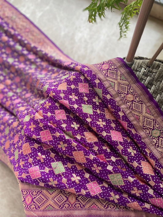 Shubha - Purple Meenakari Bandhani Saree