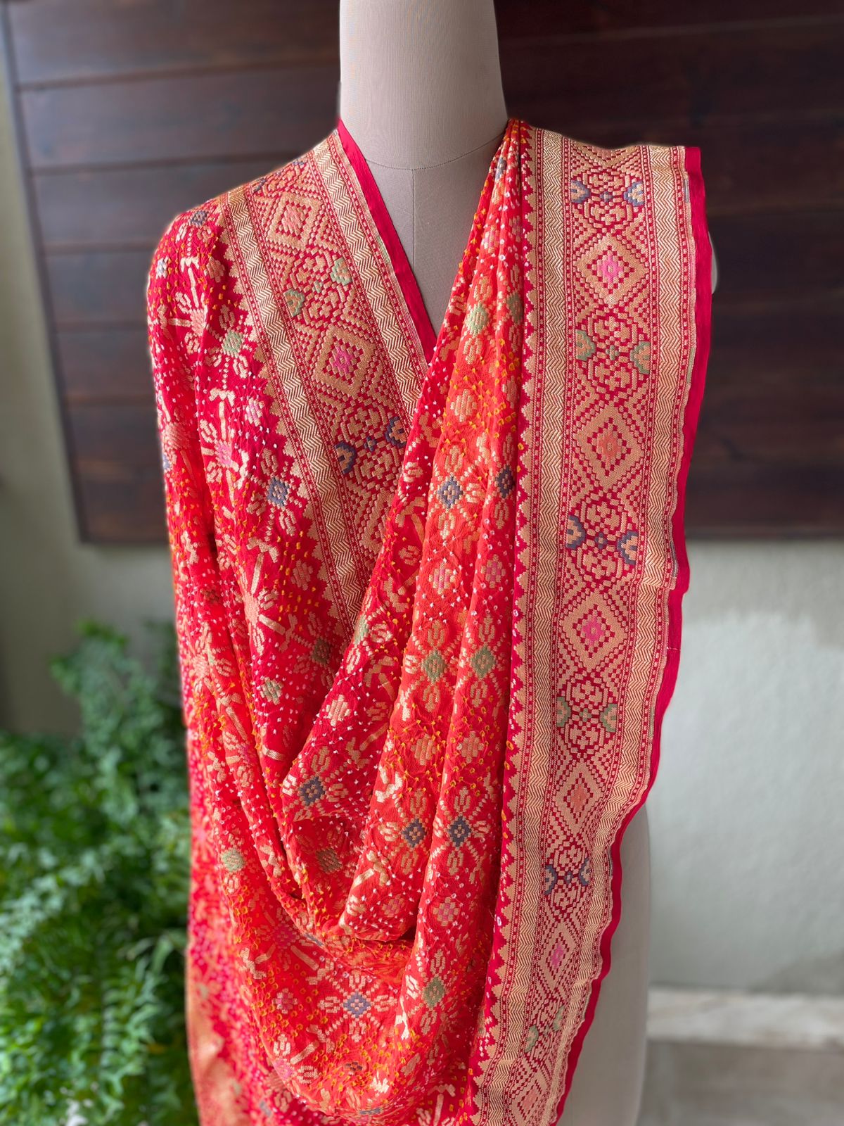 Juhi - Red & Orange Meenakari Bandhani Dupatta