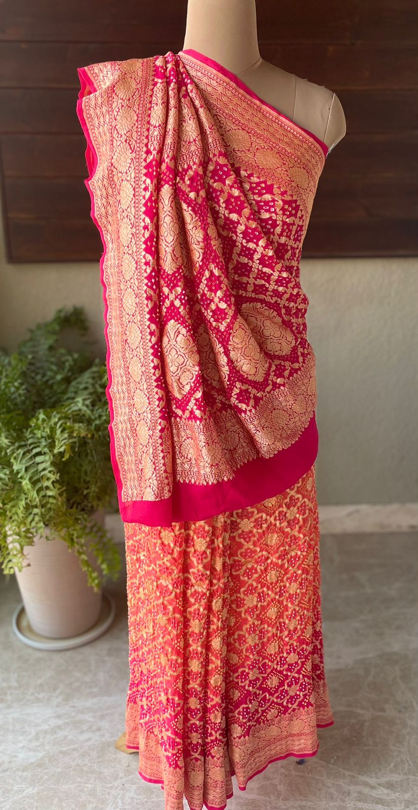 Sarika - Rose Pink & Peach Bandhani Banarasi Saree