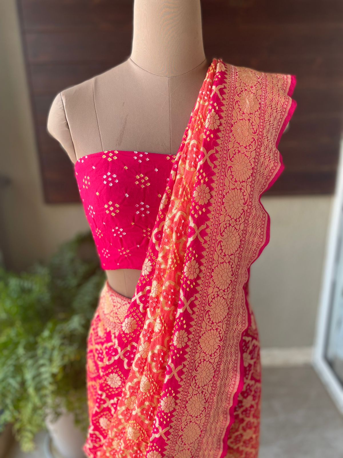 Sarika - Rose Pink & Peach Bandhani Banarasi Saree