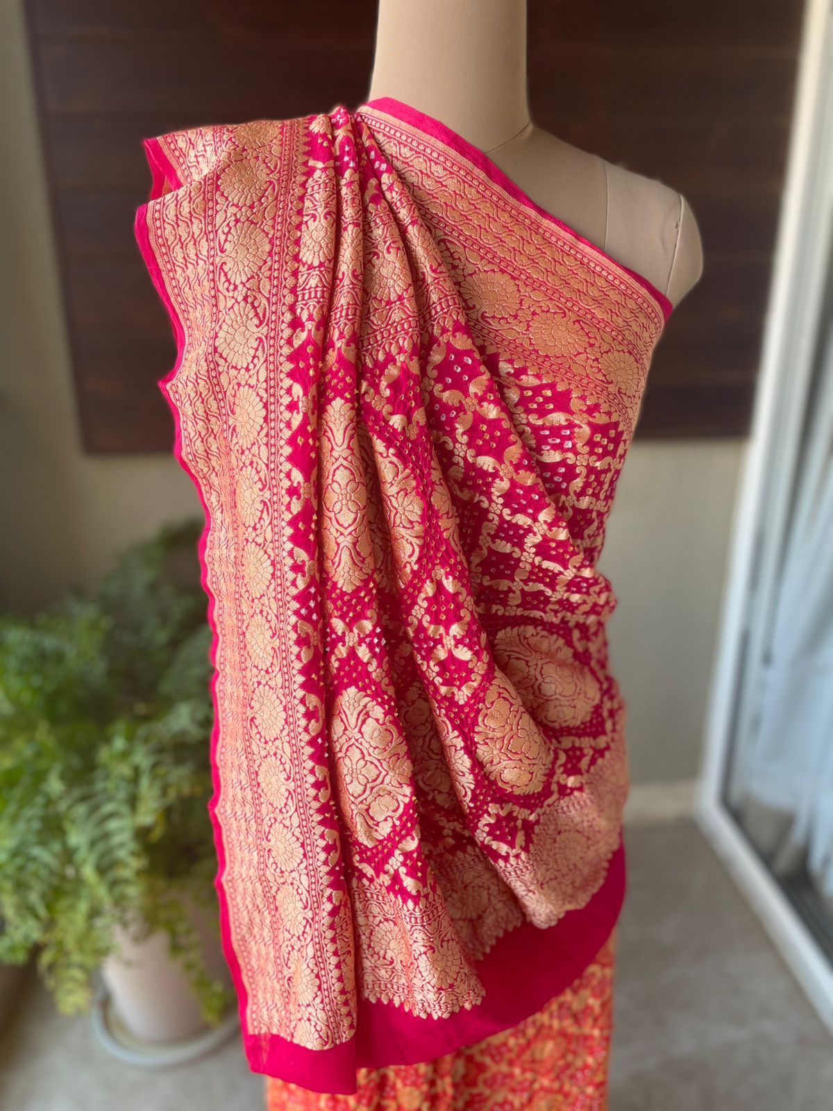 Sarika - Rose Pink & Peach Bandhani Banarasi Saree