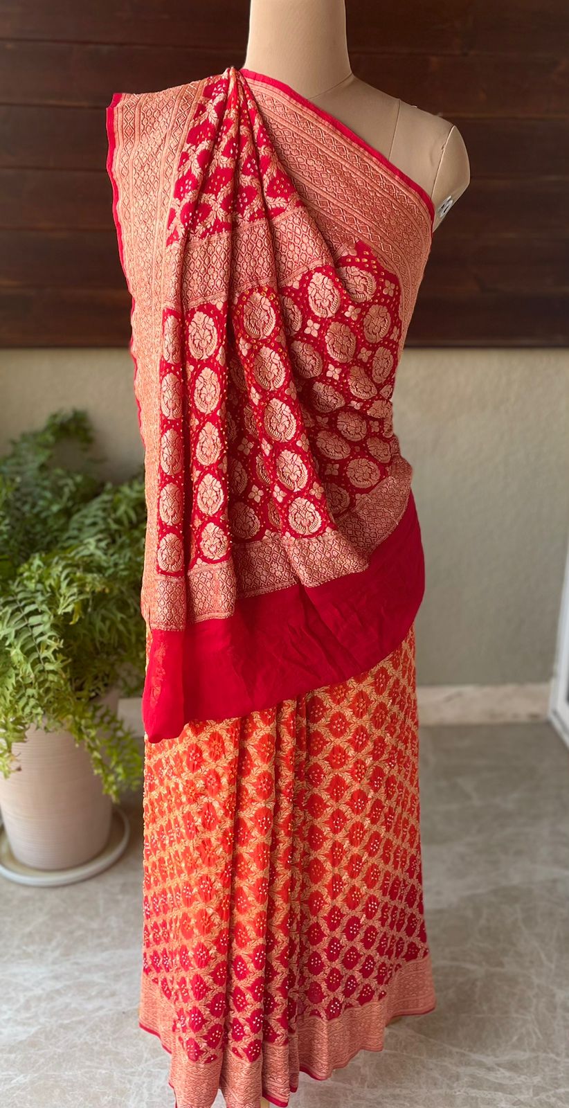 Gauhar - Red & Orange Bandhani Banarasi Saree