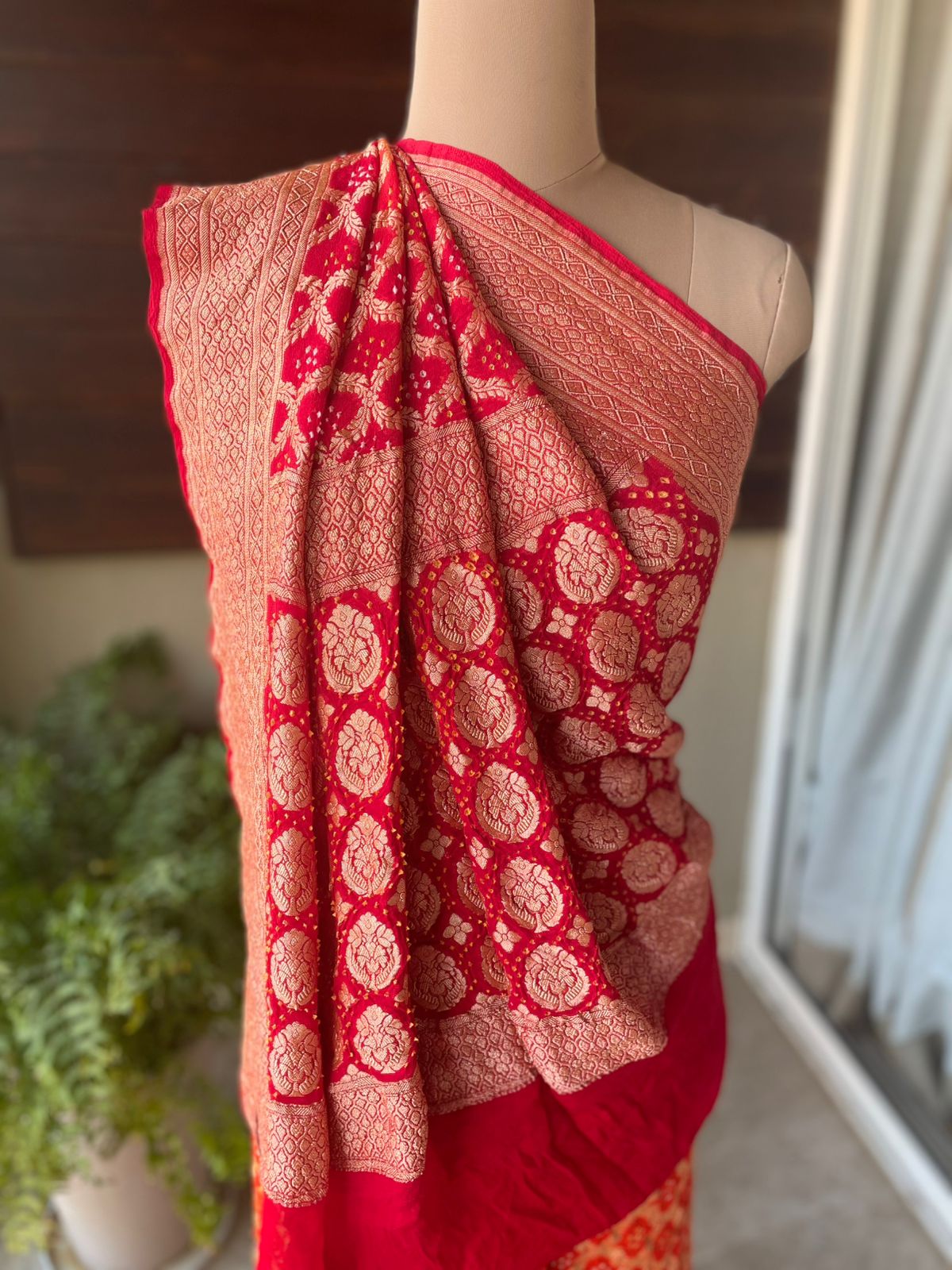 Gauhar - Red & Orange Bandhani Banarasi Saree
