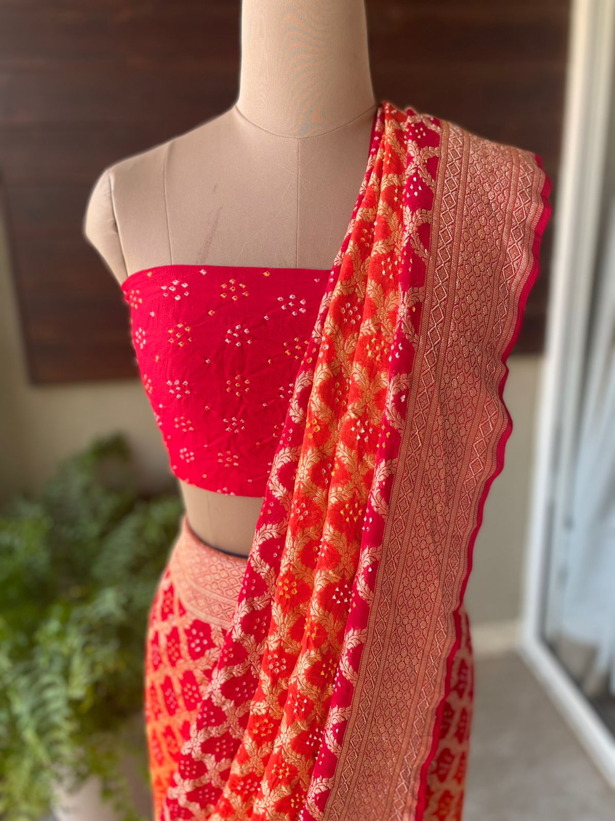 Gauhar - Red & Orange Bandhani Banarasi Saree