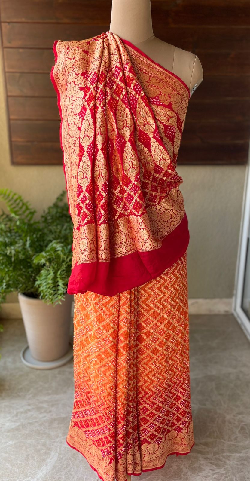 Manika - Red & Orange Bandhani Banarasi Saree