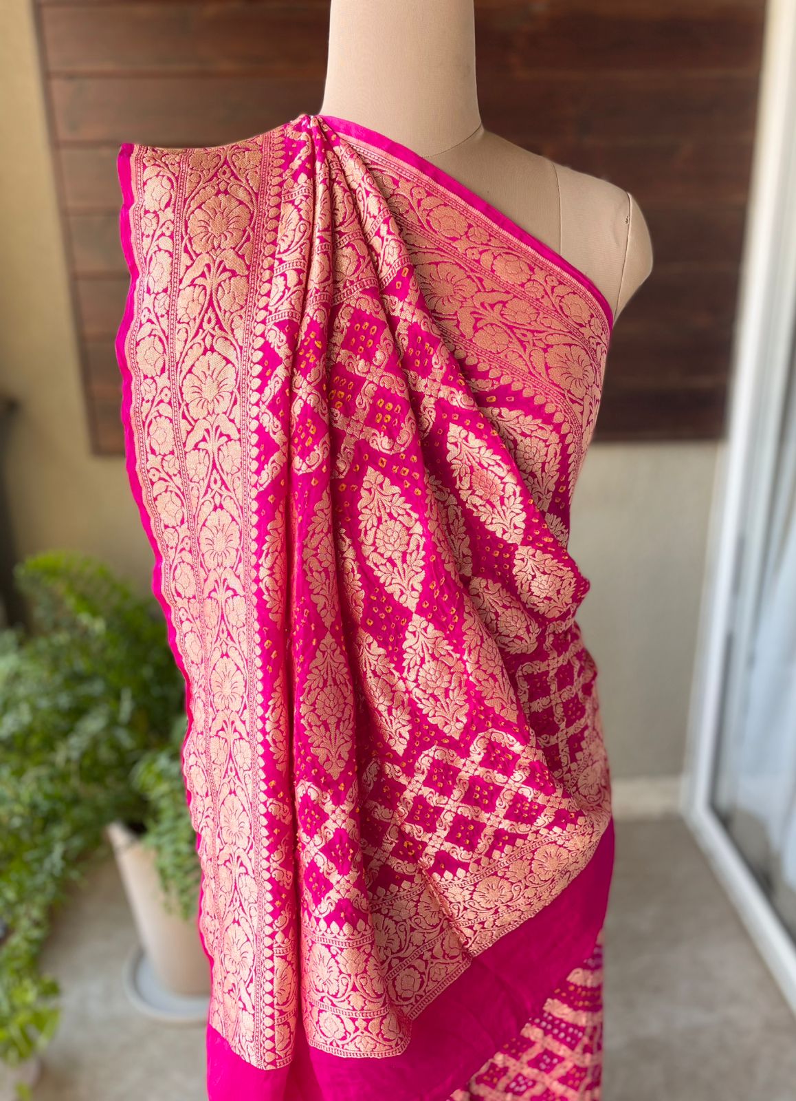 Vrinda - Pink Wedding Bandhani Banarasi Saree