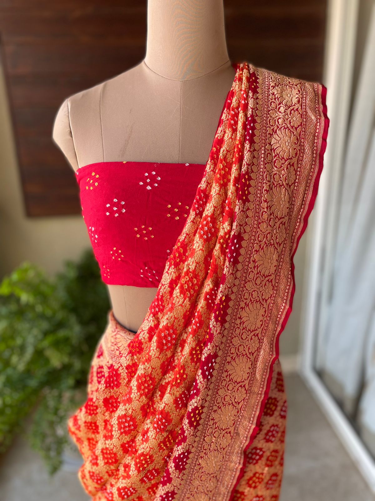 Shrishti - Red & Orange Bandhani Banarasi Saree