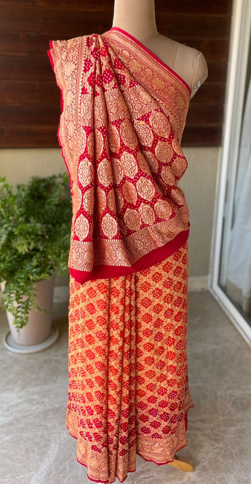 Shrishti - Red & Orange Bandhani Banarasi Saree