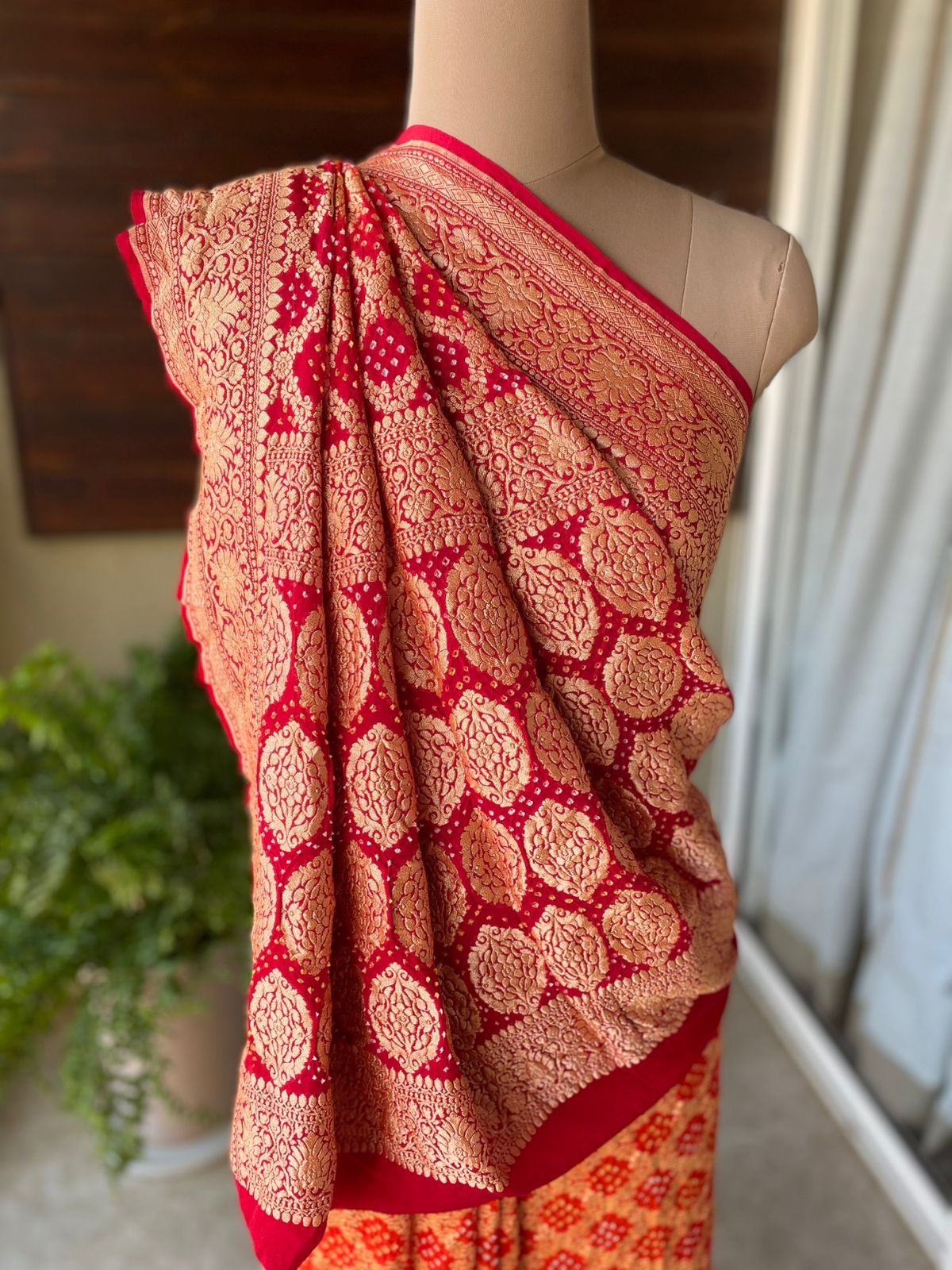 Shrishti - Red & Orange Bandhani Banarasi Saree