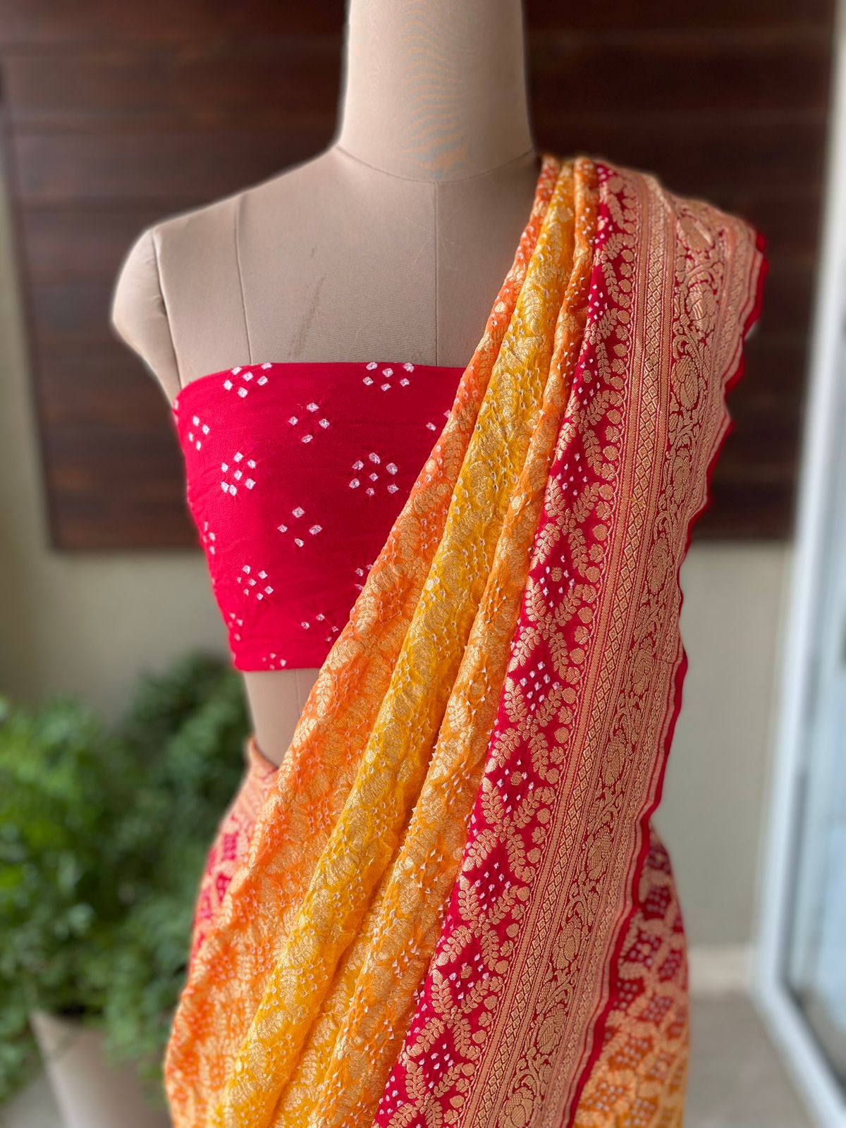 Ati - Red & Yellow Bandhani Banarasi Saree