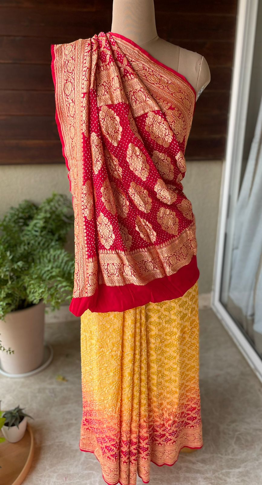 Ati - Red & Yellow Bandhani Banarasi Saree