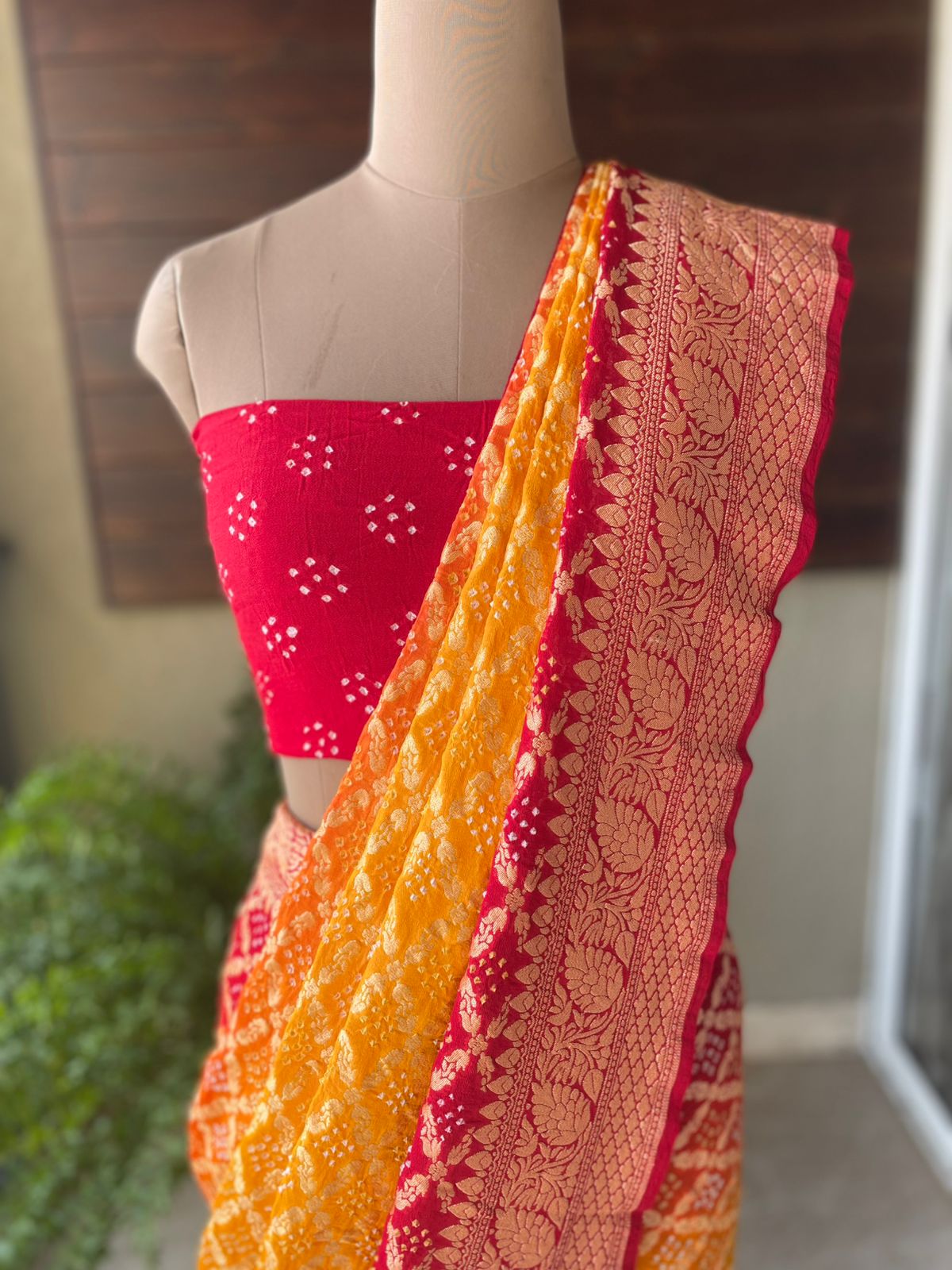 Manasvi - Red & Yellow Bandhani Banarasi Saree