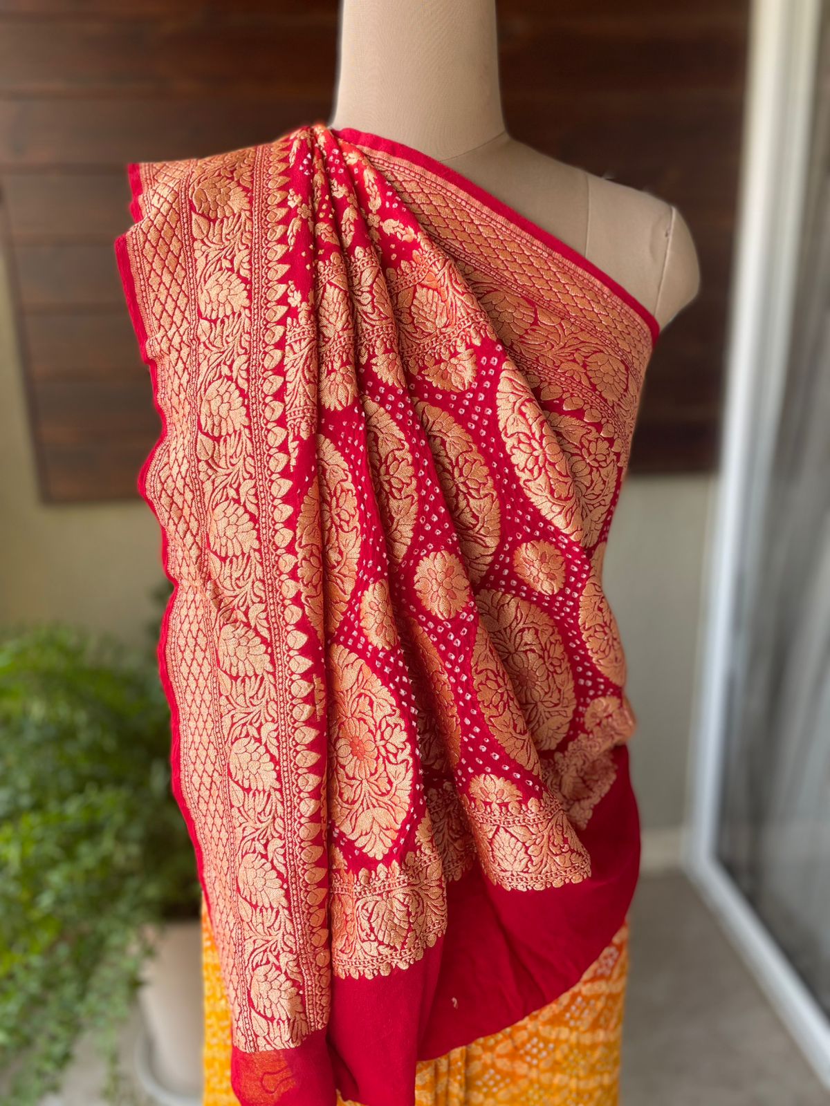 Manasvi - Red & Yellow Bandhani Banarasi Saree
