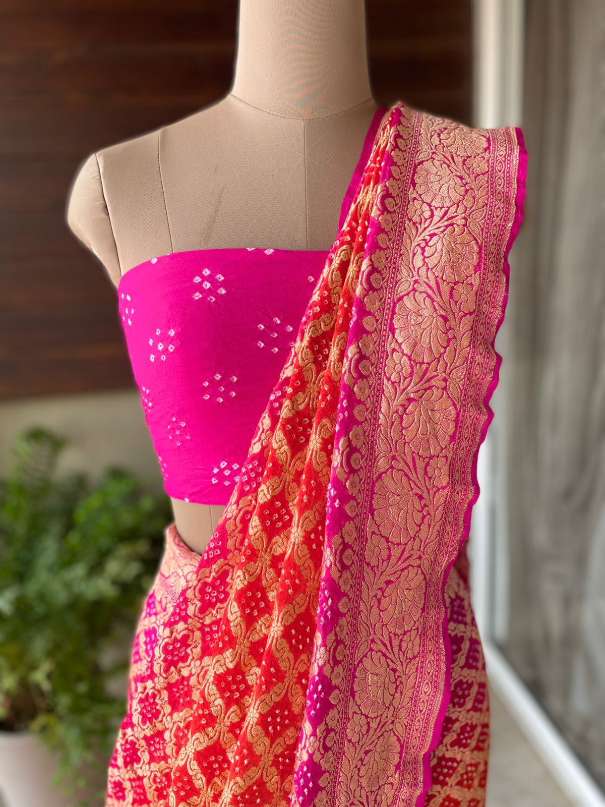 Nandita - Pink & Orange Bandhani Banarasi Saree