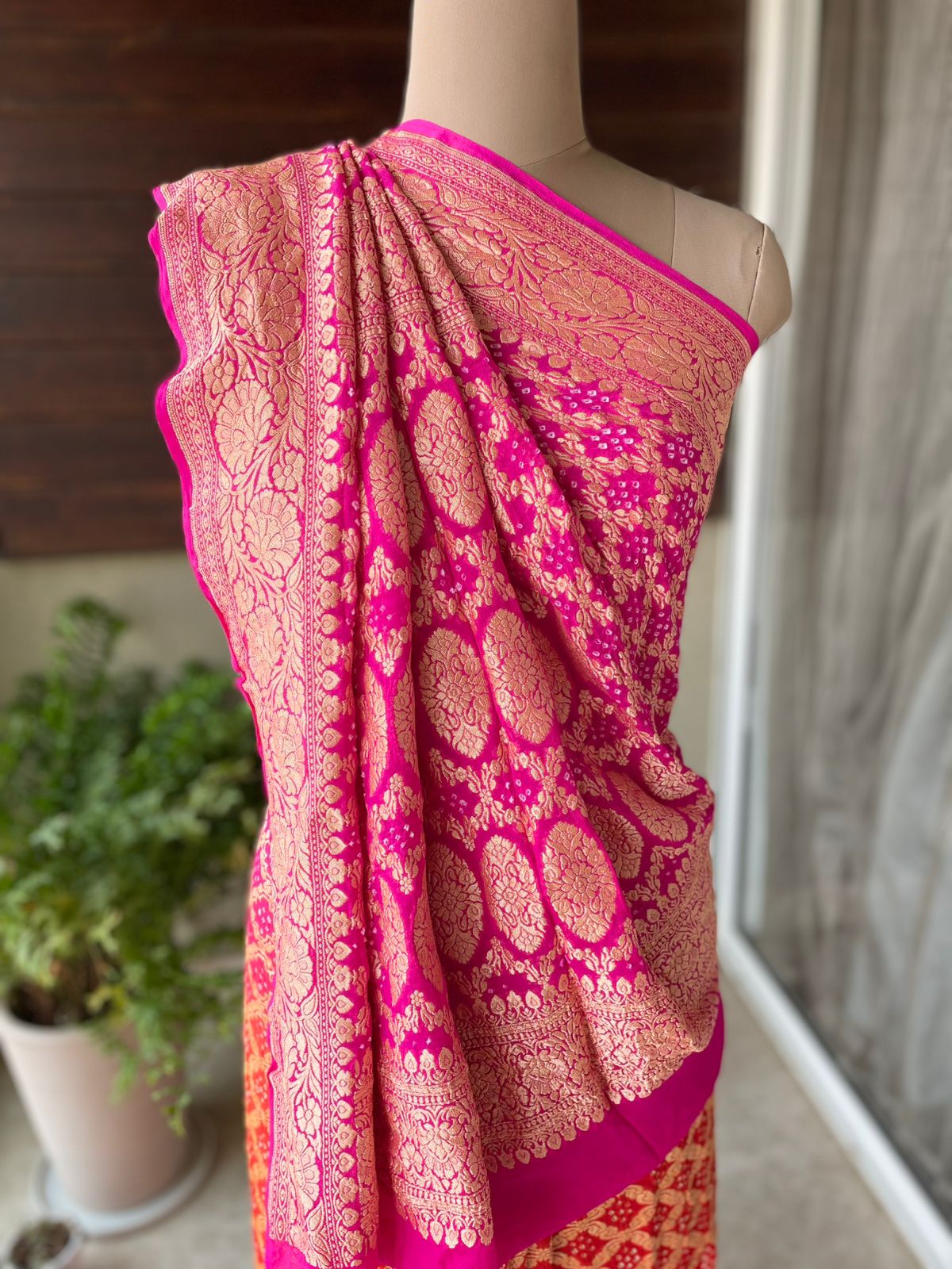 Nandita - Pink & Orange Bandhani Banarasi Saree