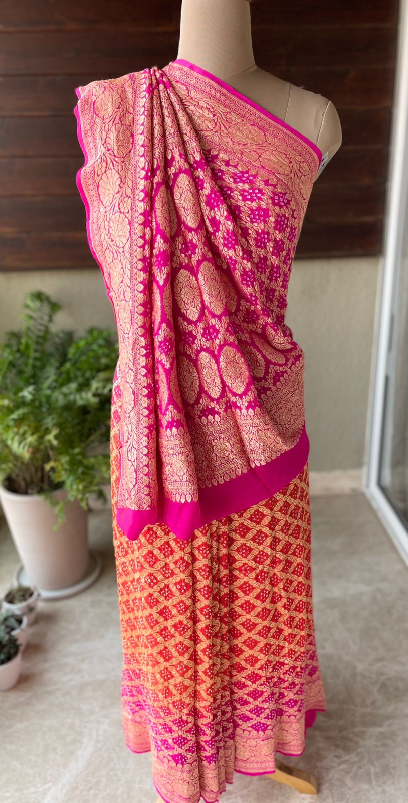 Nandita - Pink & Orange Bandhani Banarasi Saree