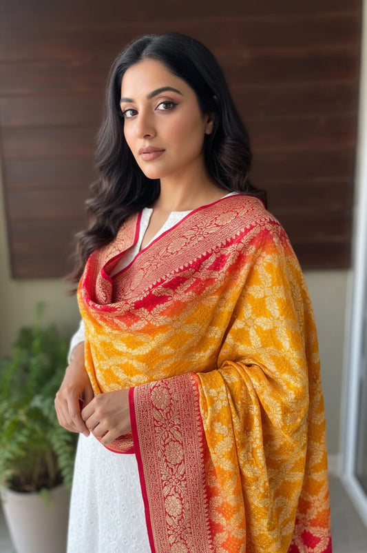 Sahiba - Red & Yellow Bandhani Banarasi Dupatta