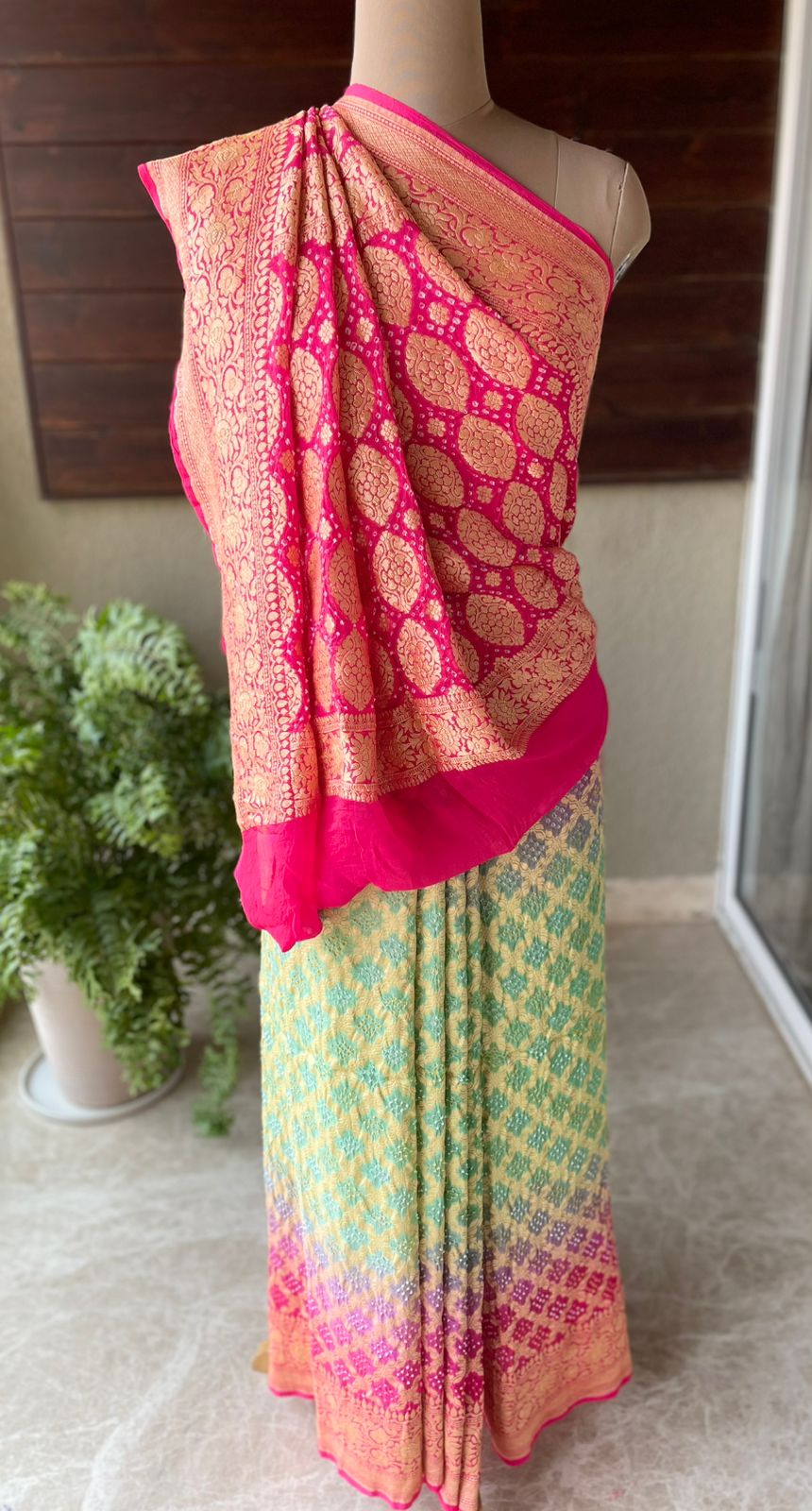 Twisha - Rose Pink & Green Bandhani Banarasi Saree