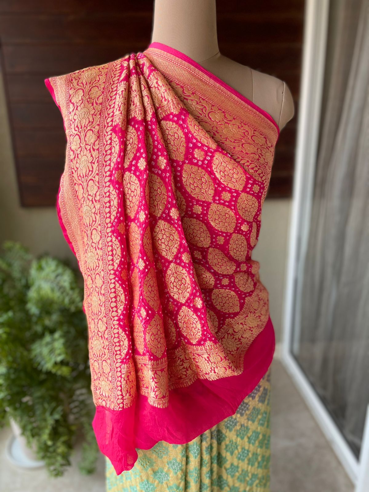 Twisha - Rose Pink & Green Bandhani Banarasi Saree