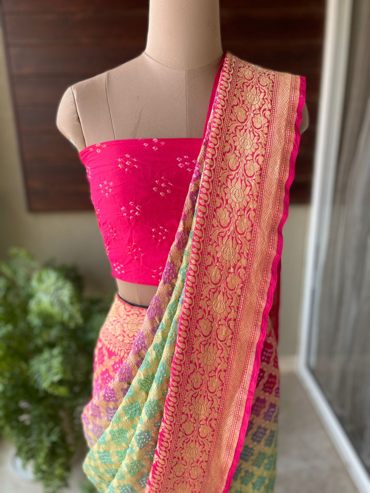 Twisha - Rose Pink & Green Bandhani Banarasi Saree