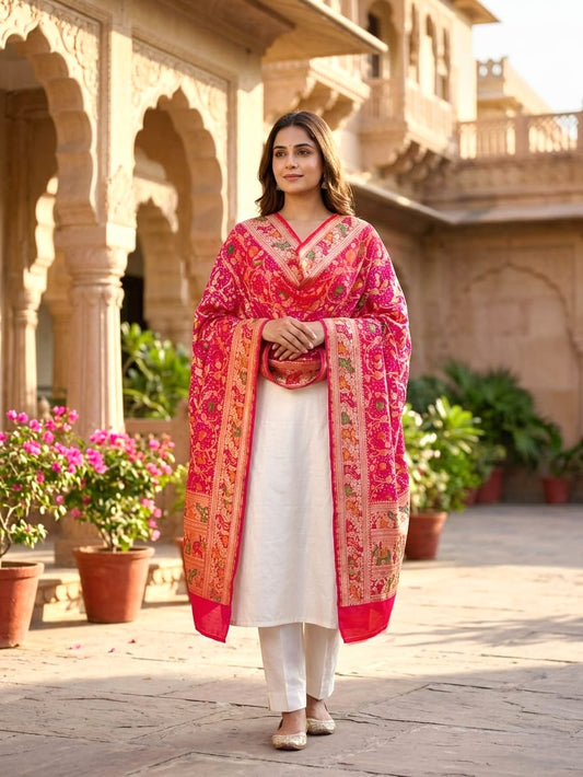 Anvika - Red & Pink Meenakari Tilfi Dupatta