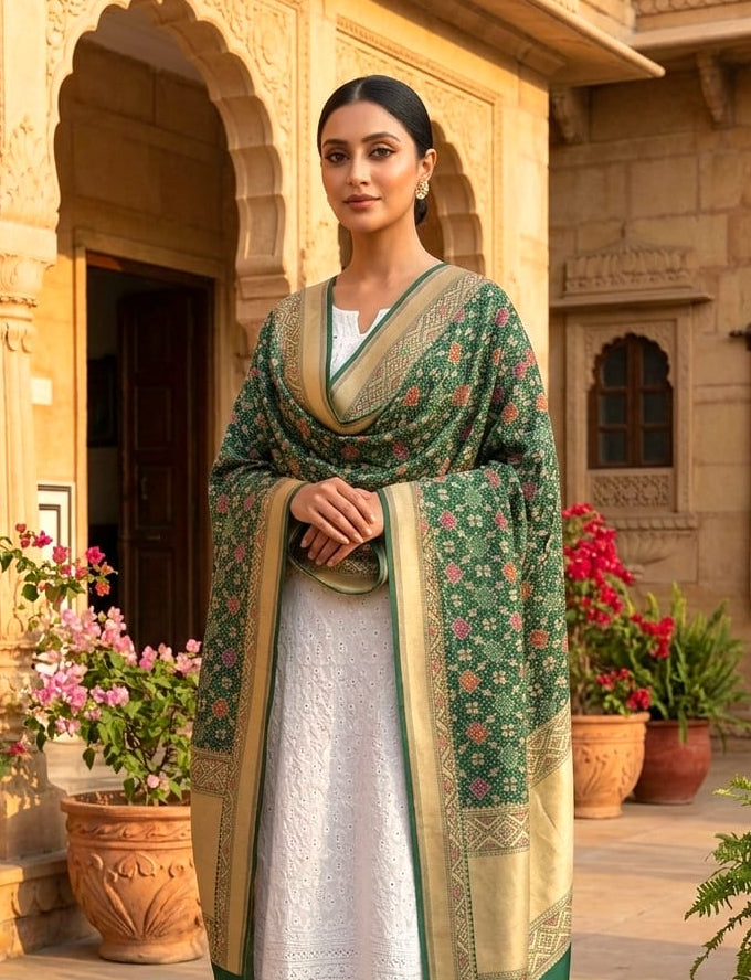 Sukriti - Green Meenakari Bandhani Dupatta