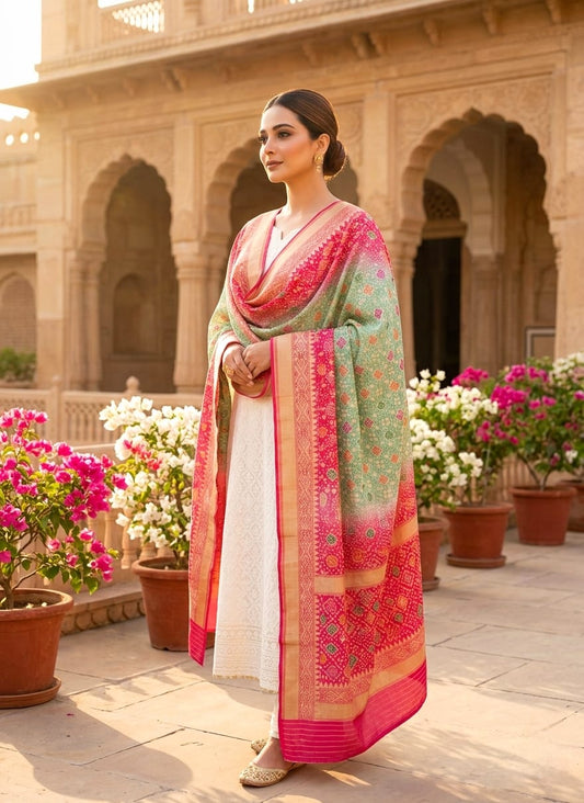 Kavya - Rose Pink & Green Meenakari Bandhani Dupatta