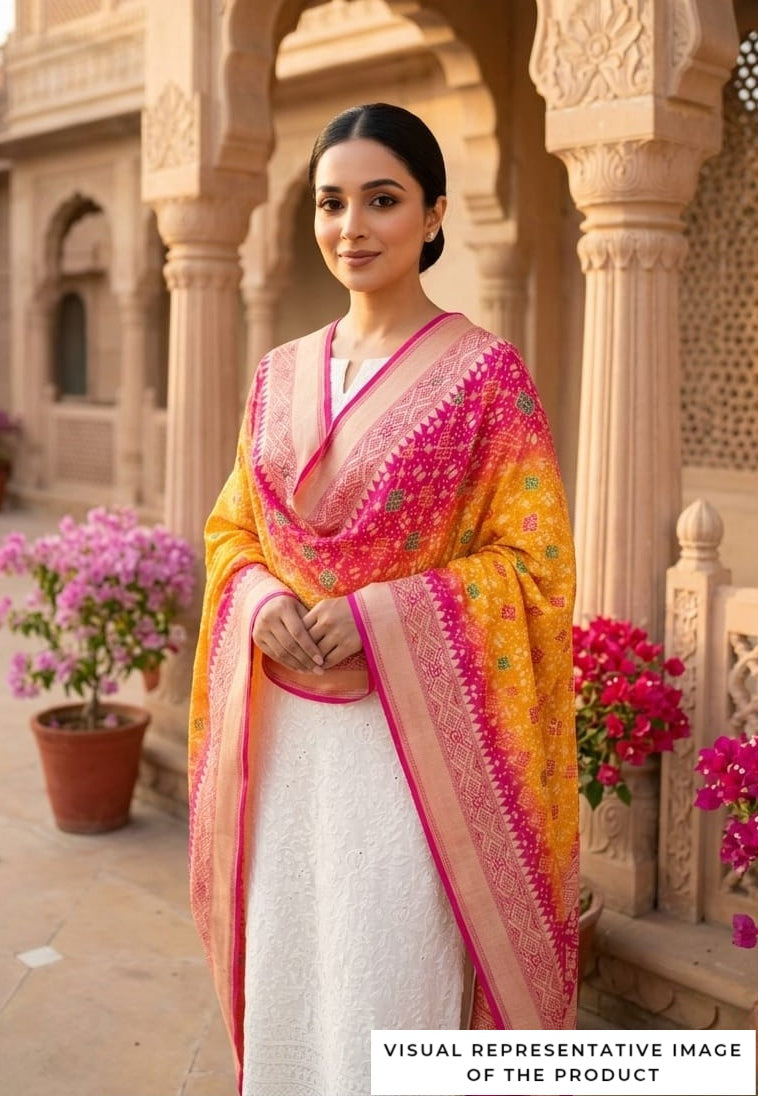 Siya - Pink & Yellow Meenakari Bandhani Dupatta