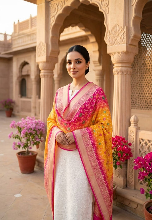 Siya - Pink & Yellow Meenakari Bandhani Dupatta