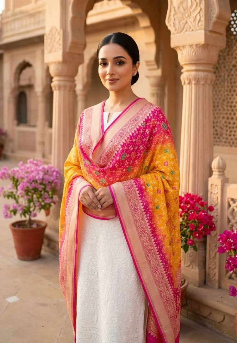Siya - Pink & Yellow Meenakari Bandhani Dupatta