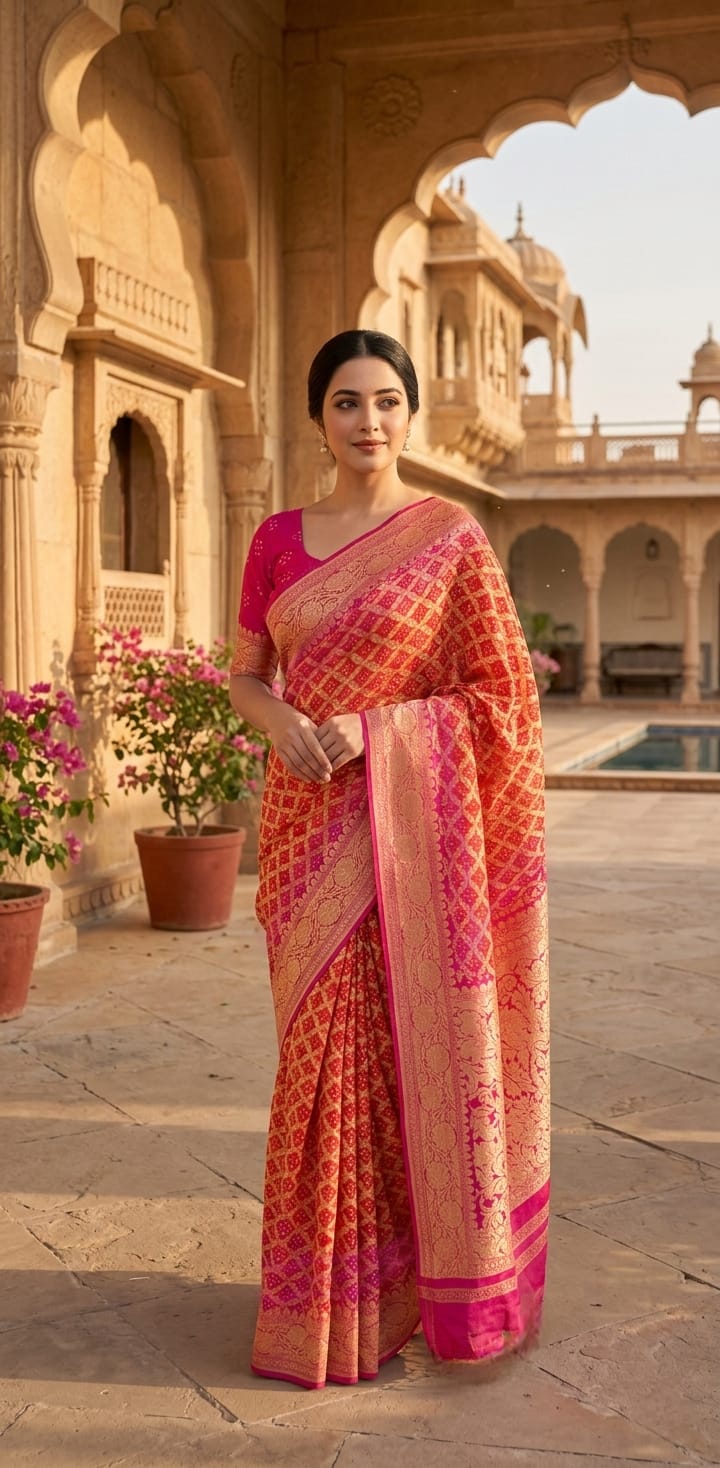 Nandita - Pink & Orange Bandhani Banarasi Saree