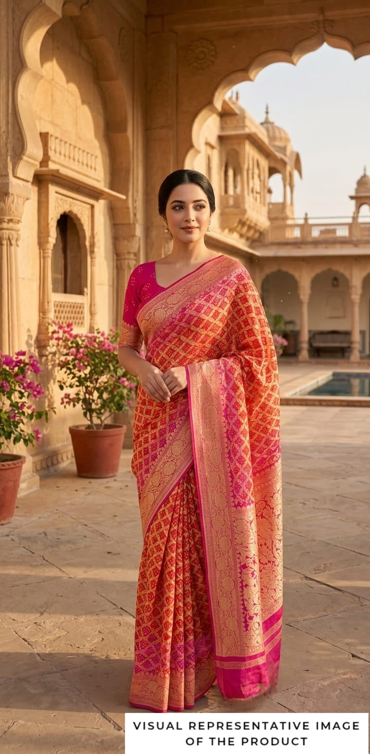 Nandita - Pink & Orange Bandhani Banarasi Saree