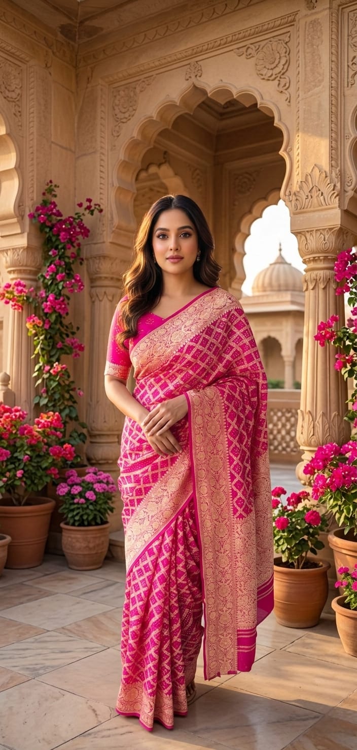 Vrinda - Pink Wedding Bandhani Banarasi Saree