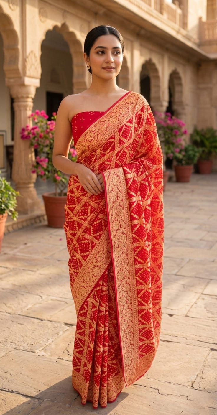 Adah - Red Bridal Bandhani Banarasi Saree