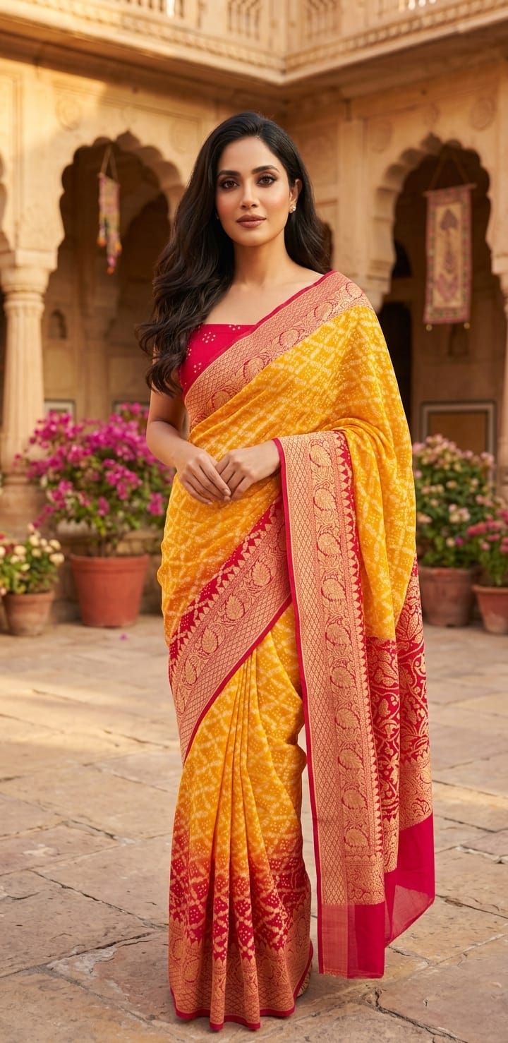 Manasvi - Red & Yellow Bandhani Banarasi Saree