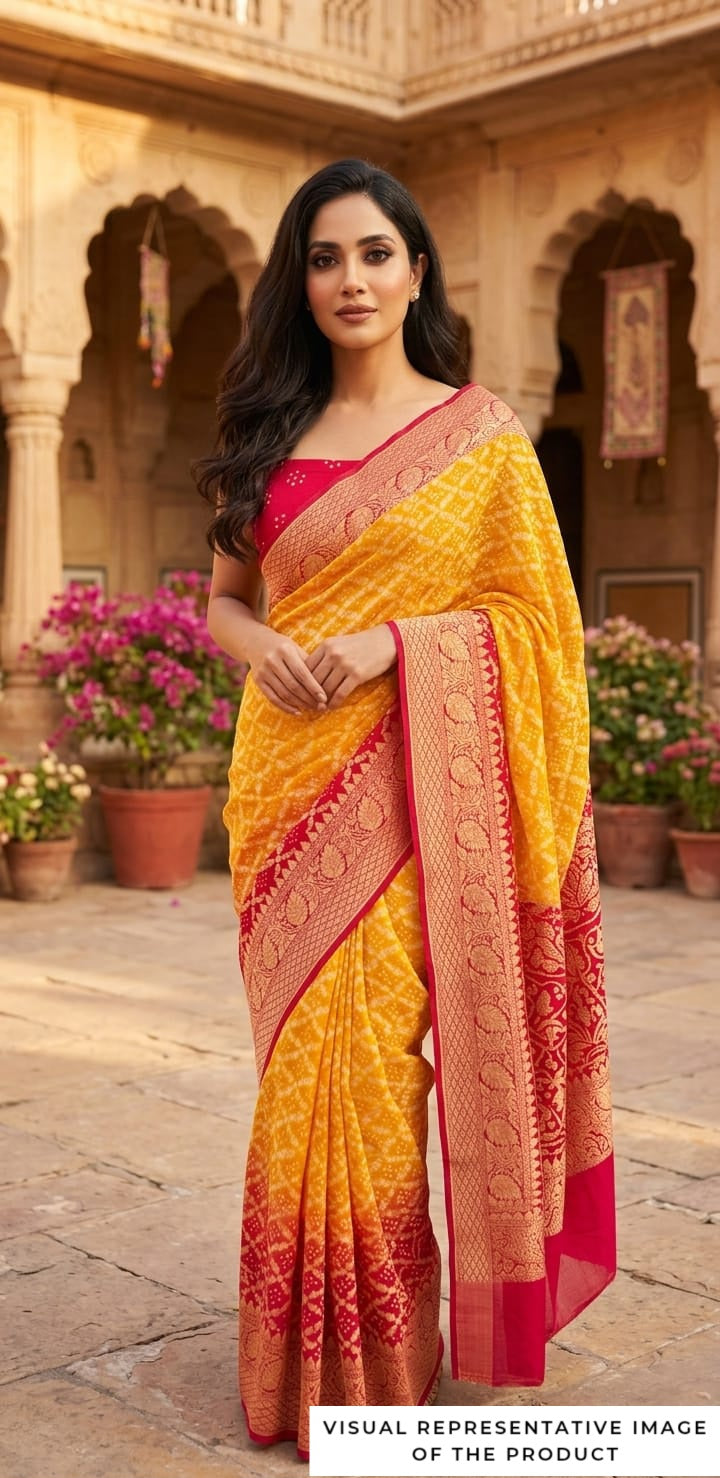 Manasvi - Red & Yellow Bandhani Banarasi Saree