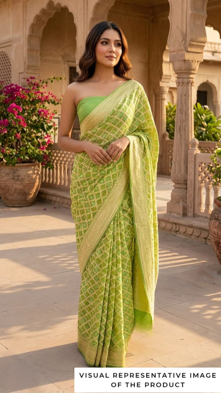 Shreya - Light Green Bandhani Banarasi Saree