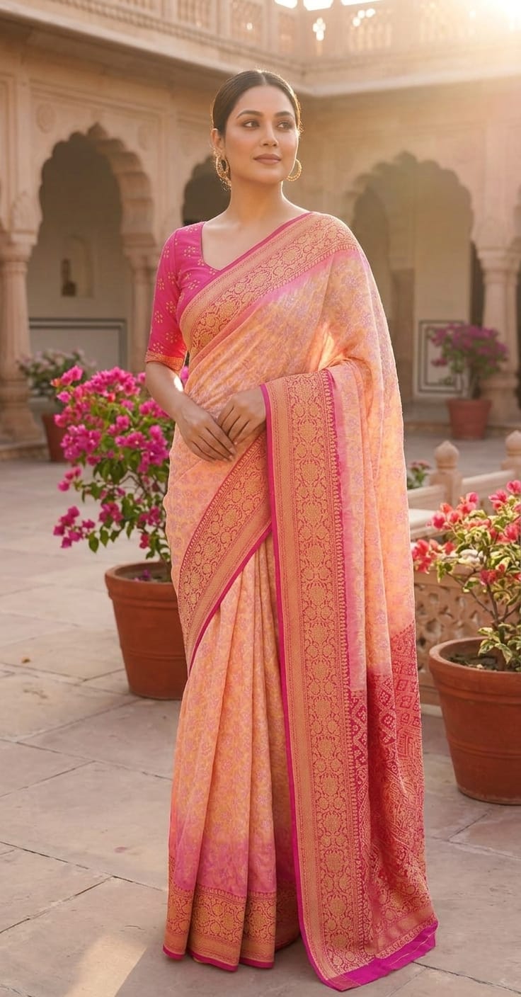 Divya - Pink & Peach Bandhani Banarasi Saree