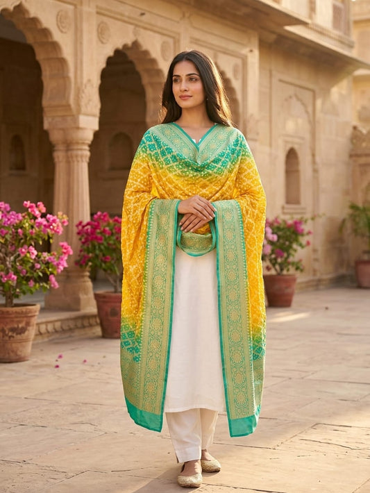 Mahi - Green & Yellow Bandhani Banarasi Dupatta