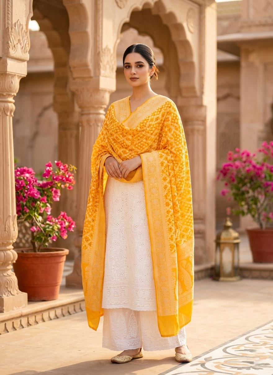 Neha - Yellow Bandhani Banarasi Dupatta