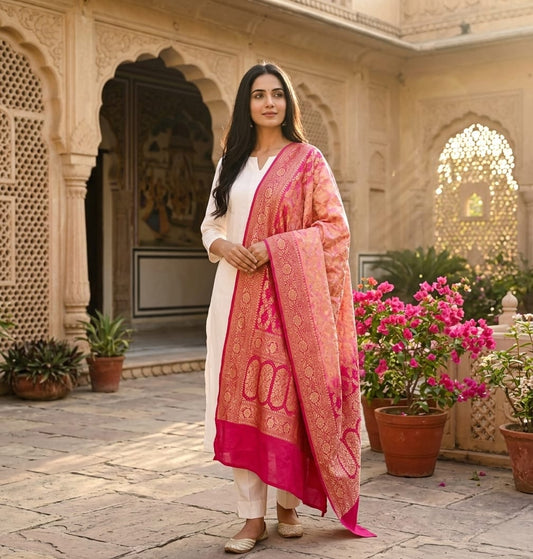 Aachal - Pink & Peach Bandhani Banarasi Dupatta