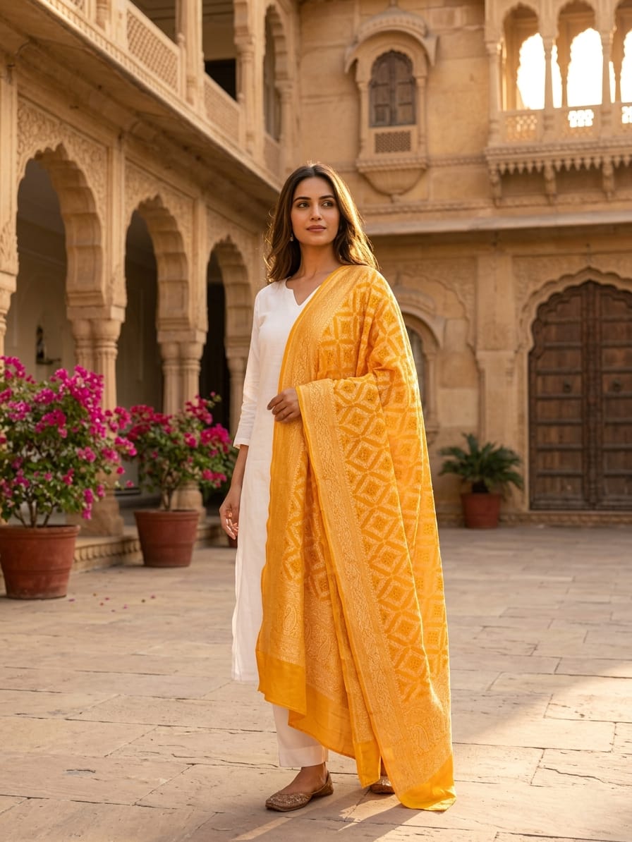 Saakshi - Yellow Bandhani Banarasi Dupatta