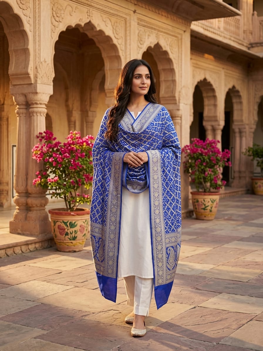 Lihaaz - Blue Sangeet Bandhani Banarasi Dupatta