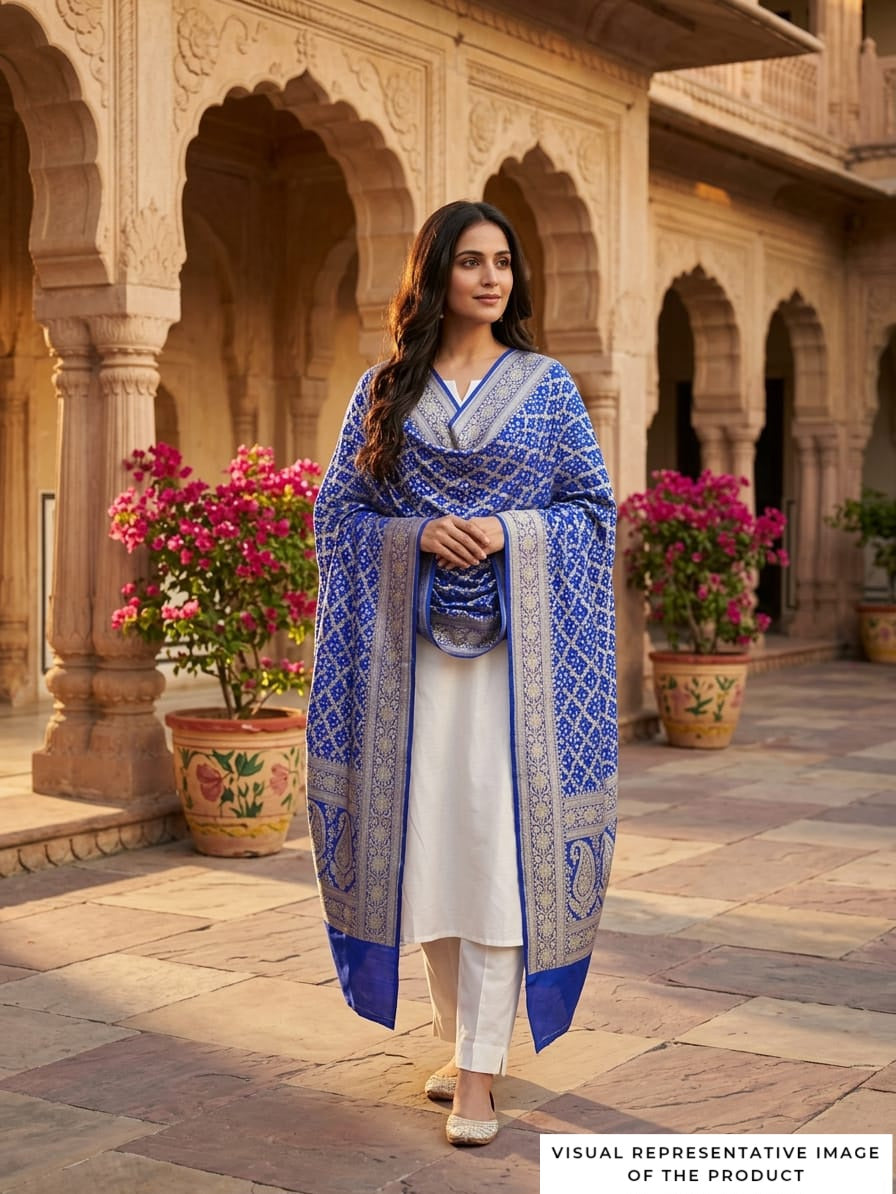 Lihaaz - Blue Bandhani Banarasi Dupatta